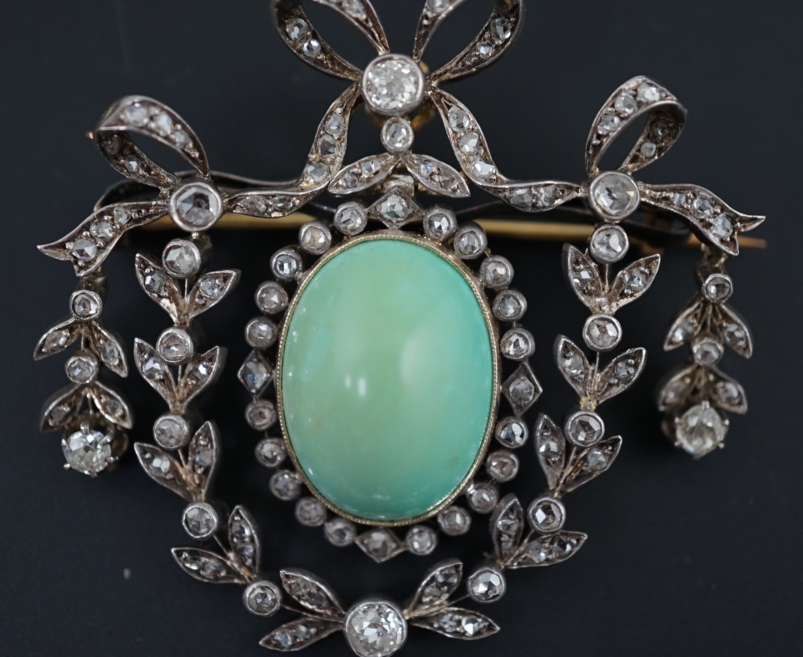 An Edwardian gold and silver, diamond and turquoise set drop pendant brooch